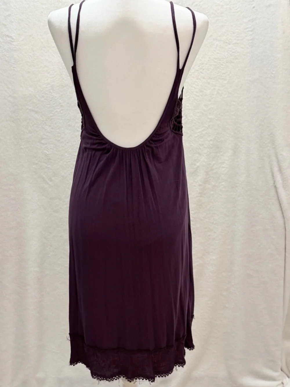 Dangerous Low Back Free People Deep Plum Swing Dress W/ Crochet Neck & Lace Hem - Picture 7 of 9